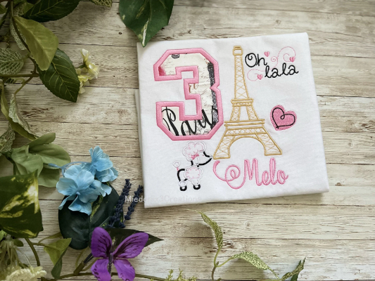 Paris Theme with Eiffel Tower birthday embroidery shirt