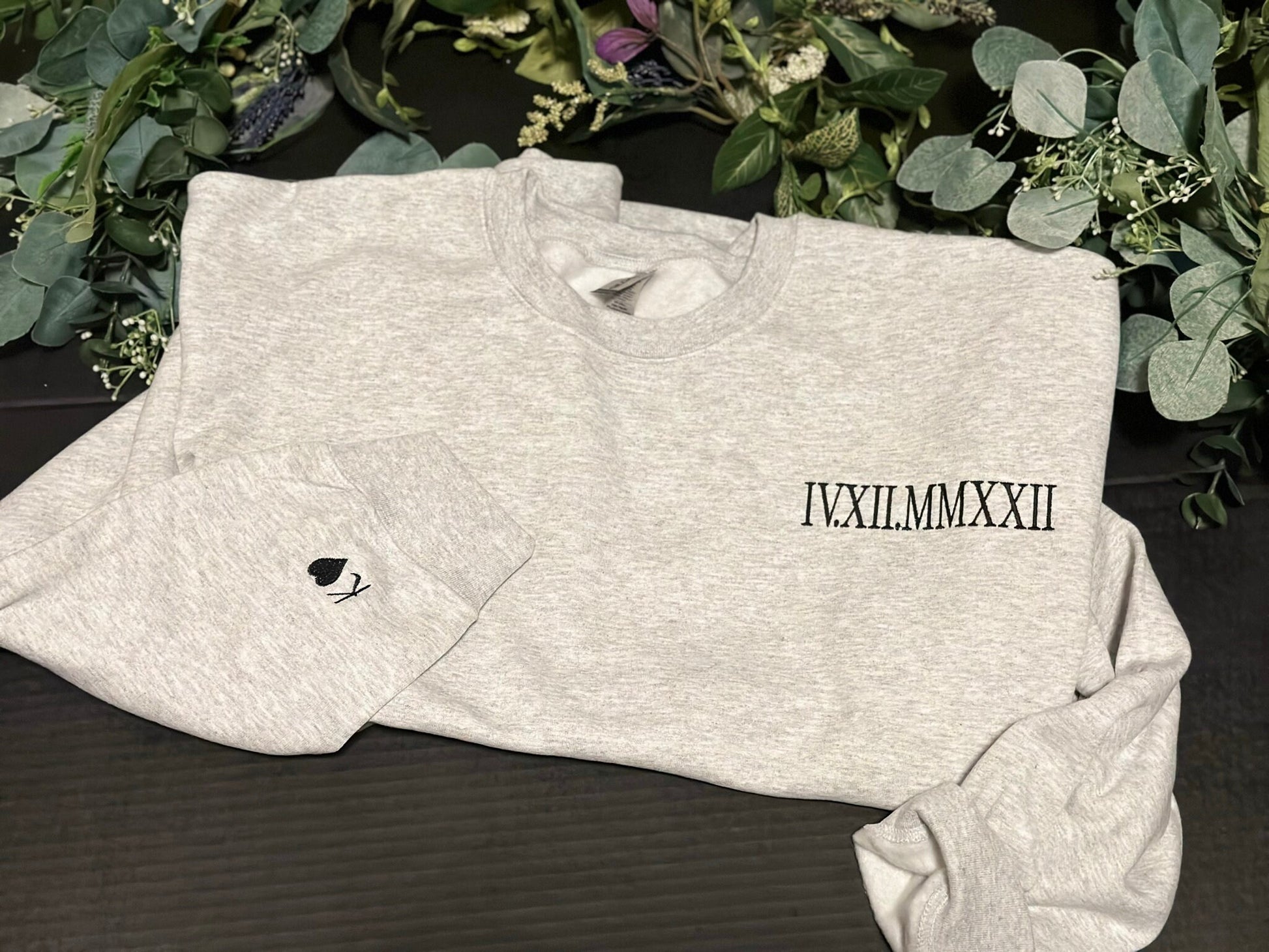 Personalized Embroidered Roman Numeral Date Sweatshirt, Custom Initial or name Crewneck, Couples Anniversary Hoodie,