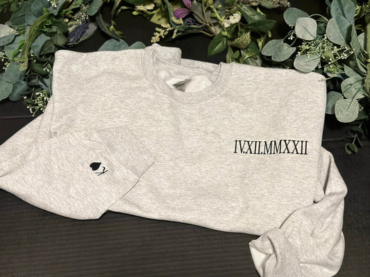 Personalized Embroidered Roman Numeral Date Sweatshirt, Custom Initial or name Crewneck, Couples Anniversary Hoodie,